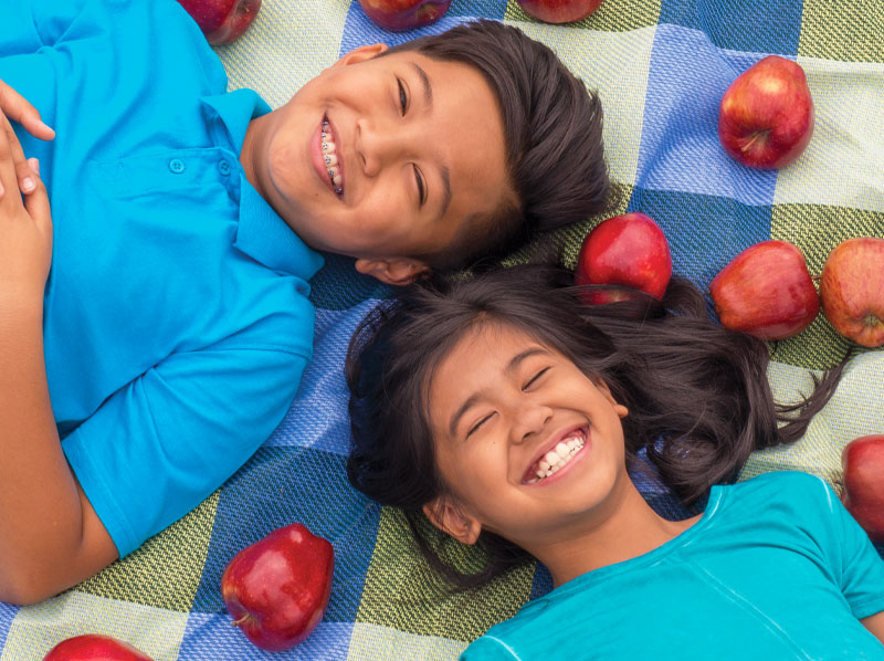 Boy and girl laying on a blanket with apples.
